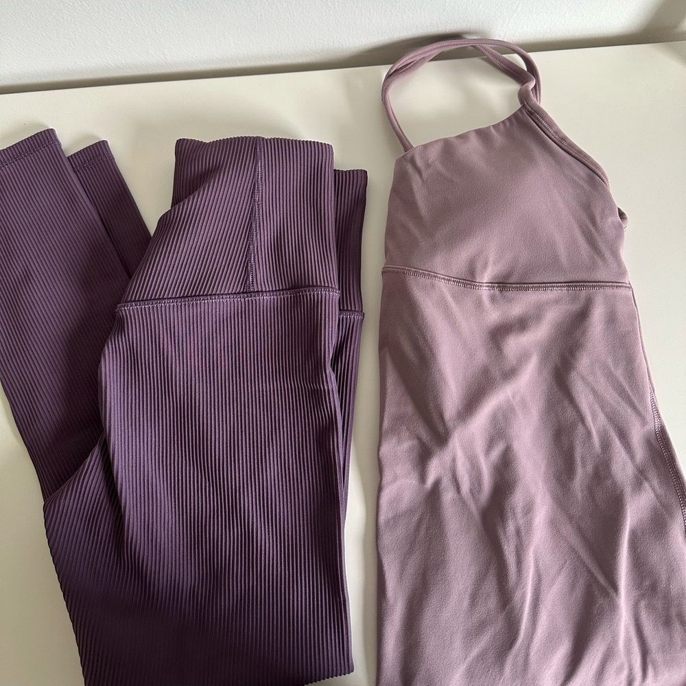 Athleta Purple Ribbed Leggings and Mauve Tank Set